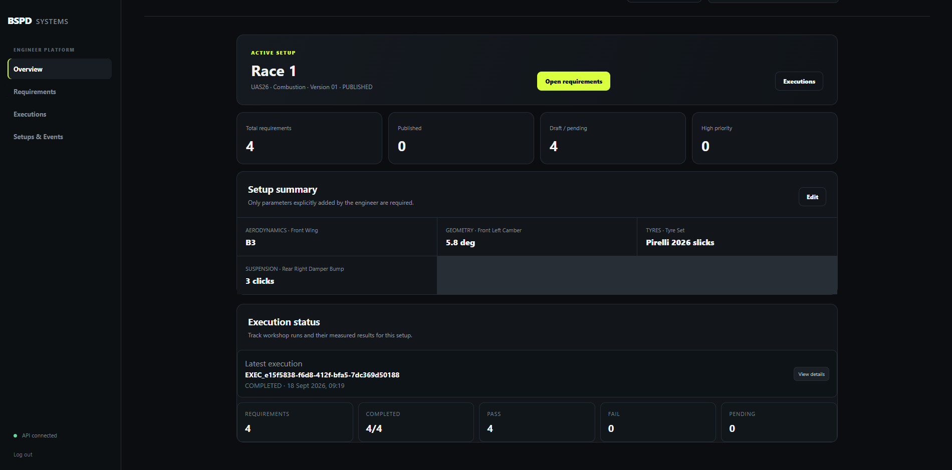 Setup Management engineer platform showing setup overview and execution status